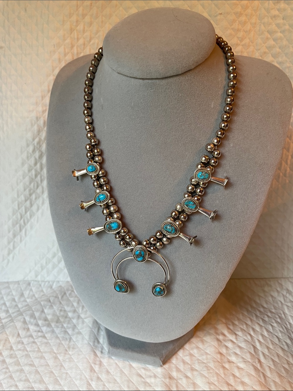 Vintage Sterling Silver Turquoise PetiteSquash Blossom Necklace - Blue Turquoise
